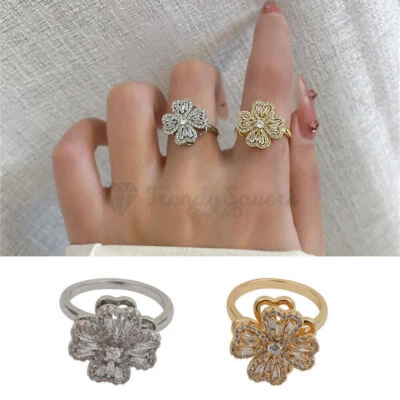 Adjustable Clover Ring Rotating Four Leaf Anxiety Relief Fidget Spinner Jewelry - Image 1 of 4