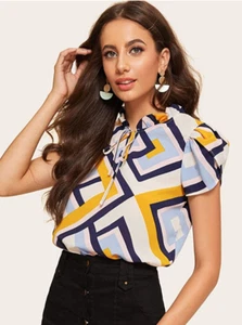 ROMWE Women's Chiffon Petal Short Sleeve Bow Tie Blouse/Top Sz L Geometric Print - Picture 1 of 6