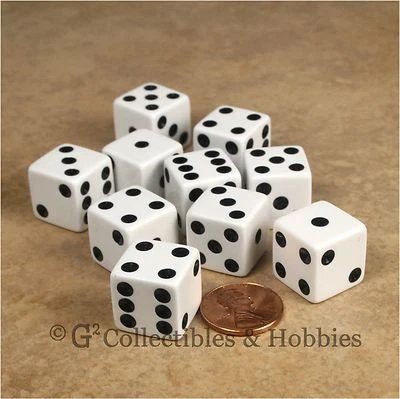 NEW Set of 10 White w Black Pips 16mm D6 RPG Bunco Game 5/8 inch 6 Sided Dice - Image 1 of 2