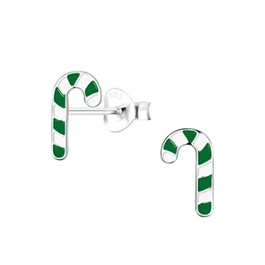 Pair Green & Red Candy Cane Stripe Christmas Earrings Sterling Silver Stud 10mm - Picture 1 of 6