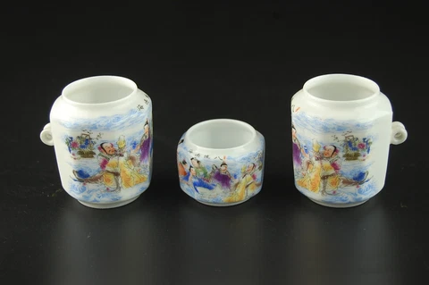 Vintage Hexagonal Porcelain Feeders Bowl Cup for Chinese Bamboo Bird Cage Monks Cover