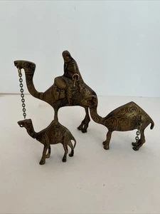SET of 3 BRASS CAMELS Dromedary w/Rider Caravan Vintage Figurines - Picture 1 of 11