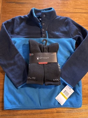 LOTE NOVO COM ETIQUETAS MENINOS SPYDER PULÔVER DE LÃ AZUL E MEIAS PRETAS TAMANHO M JUVENTUDE - Imagem 1 de 4