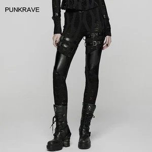 PUNK RAVE Mujer Gótico Calzas en descomposición Punk Correas Personalidad Pantalones Negros - Imagen 1 de 21
