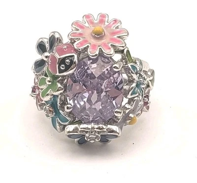 Anel de conto de fadas Park Lane tamanho 7 tom prata flor esmalte roxo vidro oval  - Imagem 1 de 4
