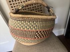 14” Authentic Bolga Ghana Market Basket Wonky Round Hand Woven Grass Leather