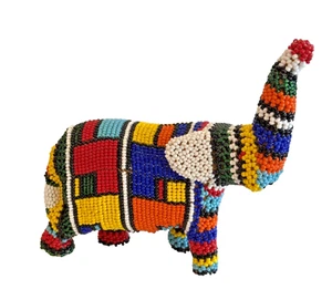 Hand Made Multicoor Beaded AFRICAN ELEPHANT Figurine - Made Over Solid Wood - Picture 1 of 17