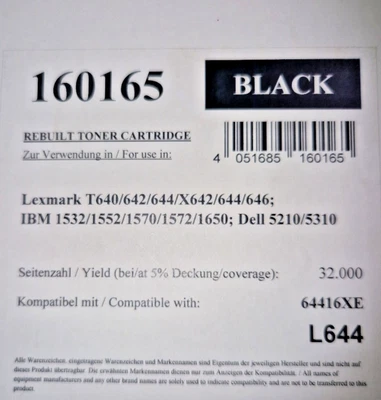 Drucker Toner Schwarz L644 Lexmark T640 / 642 / 644 / X642 / 642, IBM und DELL - Bild 1 von 2