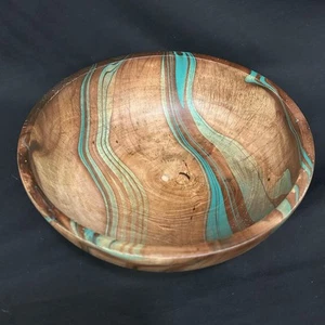 Hand Crafted Wood Fruit Bowl w/ Teal Tourquise Swirl Art Design 10" Diameter - Picture 1 of 11