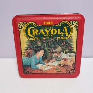 Crayon 1992 Red Metal Tin Container Vintage Farmhouse Country Decor 5.5"×5.5"×3 - Picture 1 of 8