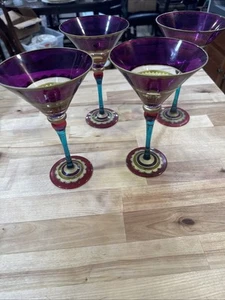 Pier 1 Hand-Painted Glass Martini Festive Art-Deco Set Of 4 Purple Teal Gold - Picture 1 of 5