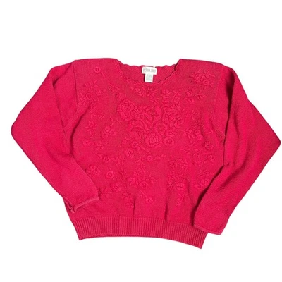Vtg 80s Brocade Women L Red Sweater Holiday Scalloped Floral Cottage Granny Warm - Image 1 of 4