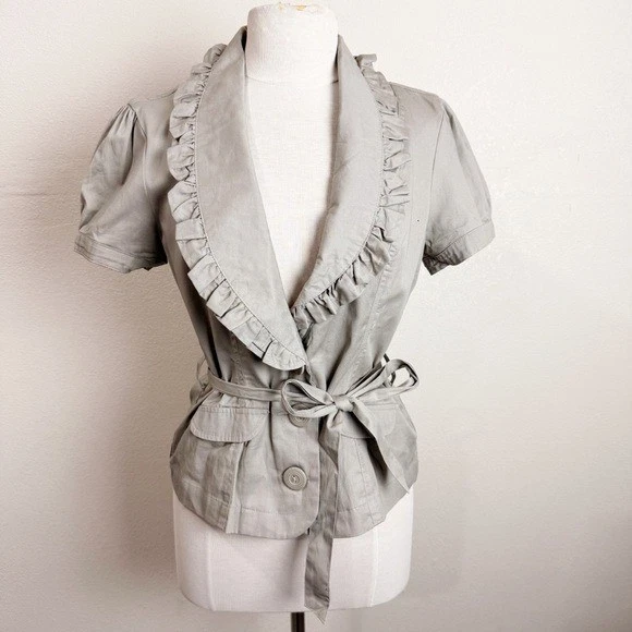 y2k Office Siren Blazer 荷叶边短袖夹克领结大号 Corpcore — 第 1/4 张图片