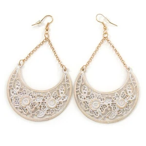 White Lacy Crescent Chandelier Earrings In Gold Tone - 85mm L - Picture 1 of 4
