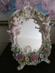 Antique Sitzendorf Germany Porcelain Table Mirror Cherubs Flowers - Picture 1 of 12
