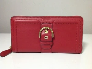 Coach Campbell Leather Red Buckle Accordion Zip Round Wallet F50011 - Picture 1 of 8