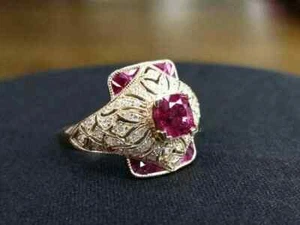 Art Deco 3.00Ct Lab Created Ruby Antique Engagement Ring 14K Yellow Gold Plated - Picture 1 of 8