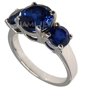 3 Stone Simulated Blue Sapphire Engagement Ring 14k White Gold Silver Gift Her - Picture 1 of 10