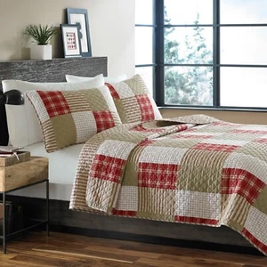 Quilt Set Twin Red Tan Patchwork Plaid Pattern Cotton Reversible Bedding Cover - Picture 1 of 6