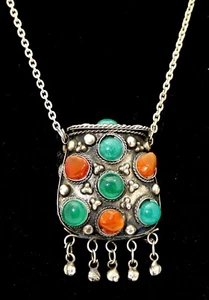 WUNDERSCHÖNE VINTAGE EDELSTAHL HALSKETTE & PUDER PILLENDOSE EDELSTEINE ANHÄNGER - Bild 1 von 10