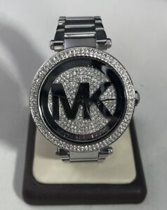 Michael Kors Women 39MM Watch MK Logo Silver Mirror Dial Rhinestone MK5925- Runs