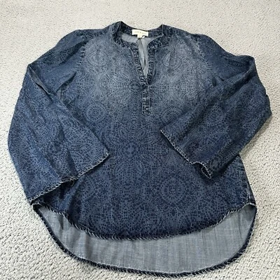 Cloth & Stone Anthropologie Chambray V-neck Pullover Top Tunic Denim Paisley SM - Image 1 of 4