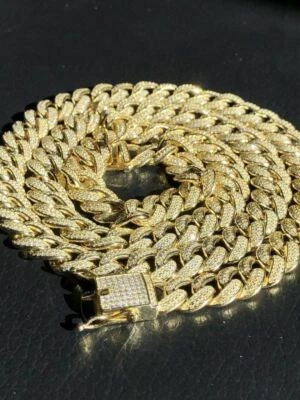 Cadena de 12 mm de eslabones cubanos Miami para hombre enchapada en oro de 14 k de plata maciza 925 busto hacia abajo Foto 1 de 4