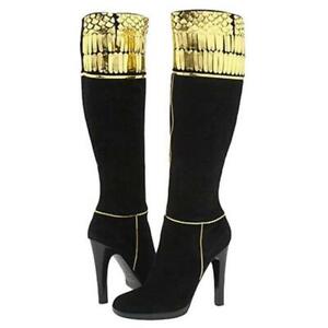 40/10❤️CAVALLI  HIGH HEEL BLACK&GOLD REAL SUEDE LEATHER KNEE HIGH BOOTS ITALY
