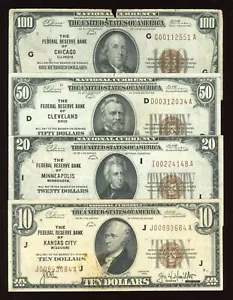 Set 1929 National Bank Notes Federal Reserve $100 $50 $20 $10 Brown Seal - Picture 1 of 4