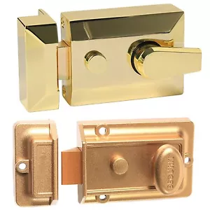 FRONT DOOR LOCK NIGHTLATCH Brass/Gold Security Deadlock Bolt Cylinder Rim Key - Picture 1 of 3