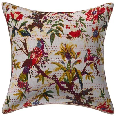 Boho Hippie Yoga Pillow Case Indian Cushion Cover White Kantha Ethnic Meditation - Image 1 of 4