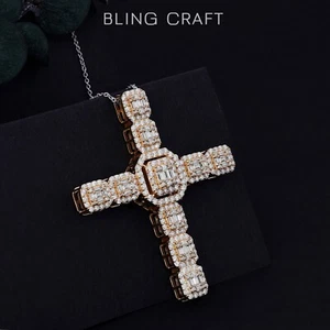 Enorme colgante cruz enchapado en oro de 14k de moissanita real helada con cadena - Imagen 1 de 16