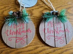 2 Wooden Merry Christmas Ornaments New - Picture 1 of 7