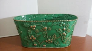 HOLIDAY HOME~Green & Gold OBLONG HOLLY METAL BASKET CONTAINER~12" x 7" x 5.5" - Picture 1 of 3