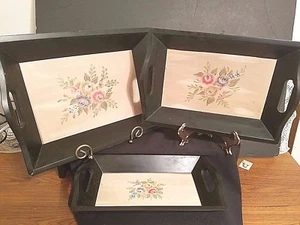 Set of 3 Vintage Wooden Nesting Tray Black Wood Hand Painted Floral Handles - Picture 1 of 12