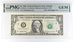 1999 $1 Atlanta GA FRN Fr#1925-F BEP Millennium PMG Fancy Serial *8098 - Picture 1 of 3