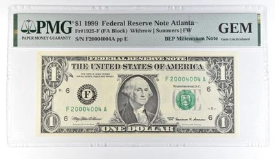 1999 $1 Atlanta GA FRN Fr#1925-F BEP Millennium PMG Fancy Serial *8098 - Image 1 of 3