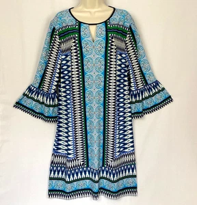 Chicos Shift Dress Size 3 Blue Bell Sleeve Slinky Travel Knit Ikat Paisley XL 1X - Picture 1 of 11