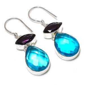 Topacio azul suizo, piedras preciosas de amatista 925 pendiente de joyería de... - Imagen 1 de 1