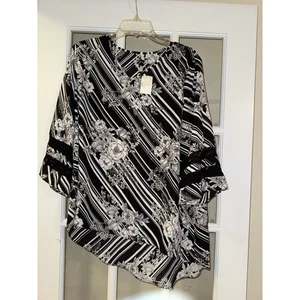 Blusa floral asimétrica manga 3/4 ligera L negra blanca Cato para mujer nueva con etiquetas - Imagen 1 de 4