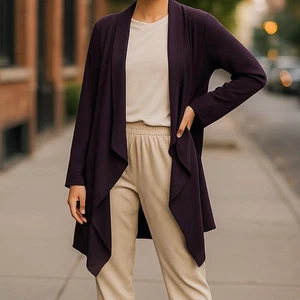 Bryn Walker Women's Waterfall Open Front Cardigan Jacket Large Eggplant Purple - Picture 1 of 14