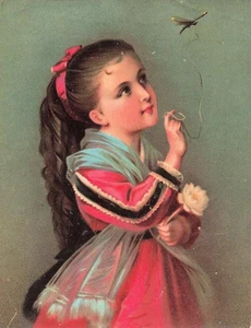 1880s VICTORIAN HC CHROMOLITHOGRAPH GIRL w’ DRAGONFLY ON A LEASH 6-3/4” x 5-1/8" - Picture 1 of 1