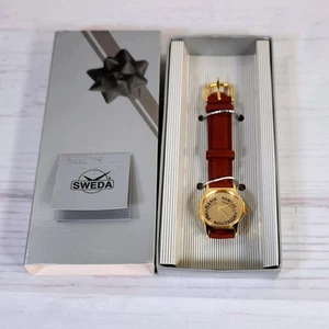 SWEDA Teddy Bear Watch Brown Leather Strap Gold Tone Vintage - Picture 1 of 5