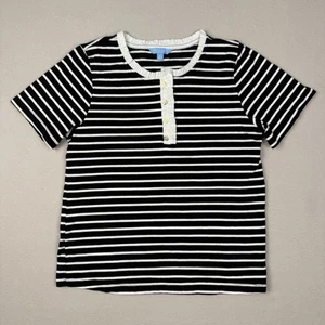 Draper James Womens Ruffle Collar Short Sleeve Small Black White Stripes Buttons - Picture 1 of 7