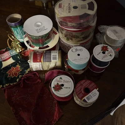 Huge Lot Over 20 Assorted Large Christmas Ribbon - Over 200 Yards - Wired Etc - Image 1 of 4