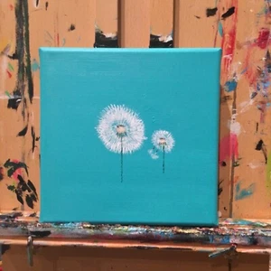 modernes Kunstwerk auf Leinwand Original  20x20cm NEU Türkis Pusteblume - Bild 1 von 8