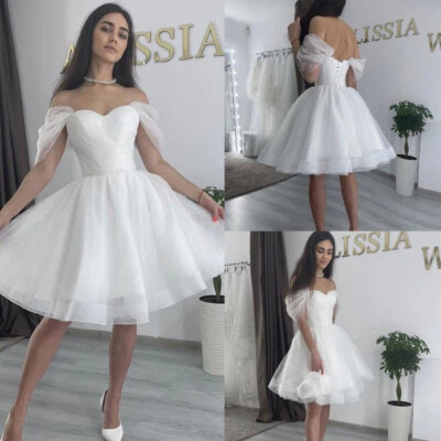 Short Wedding Dresses Off The Shoulder Tea Length Ivory Glitter Bridal Gowns - Image 1 of 4