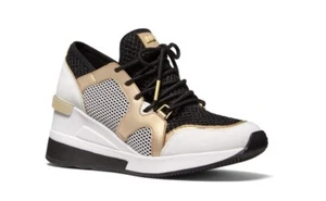 Nuevo Michael Kors Mujer Liv Brillo Cuña Moda Tenis Negro/Dorado Variedad Tallas - Imagen 1 de 10