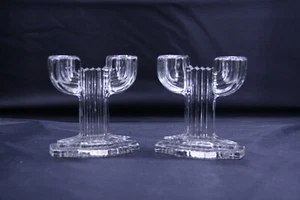 Queen Mary Double Candle Holders Set of 2 Art Deco Clear 4" Anchor Hocking - Picture 1 of 13