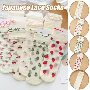 1/3X Damen Socken dünn Lolita süße Socken Spitze Erdbeere Obst bedruckt Strumpf - Bild 1 von 21